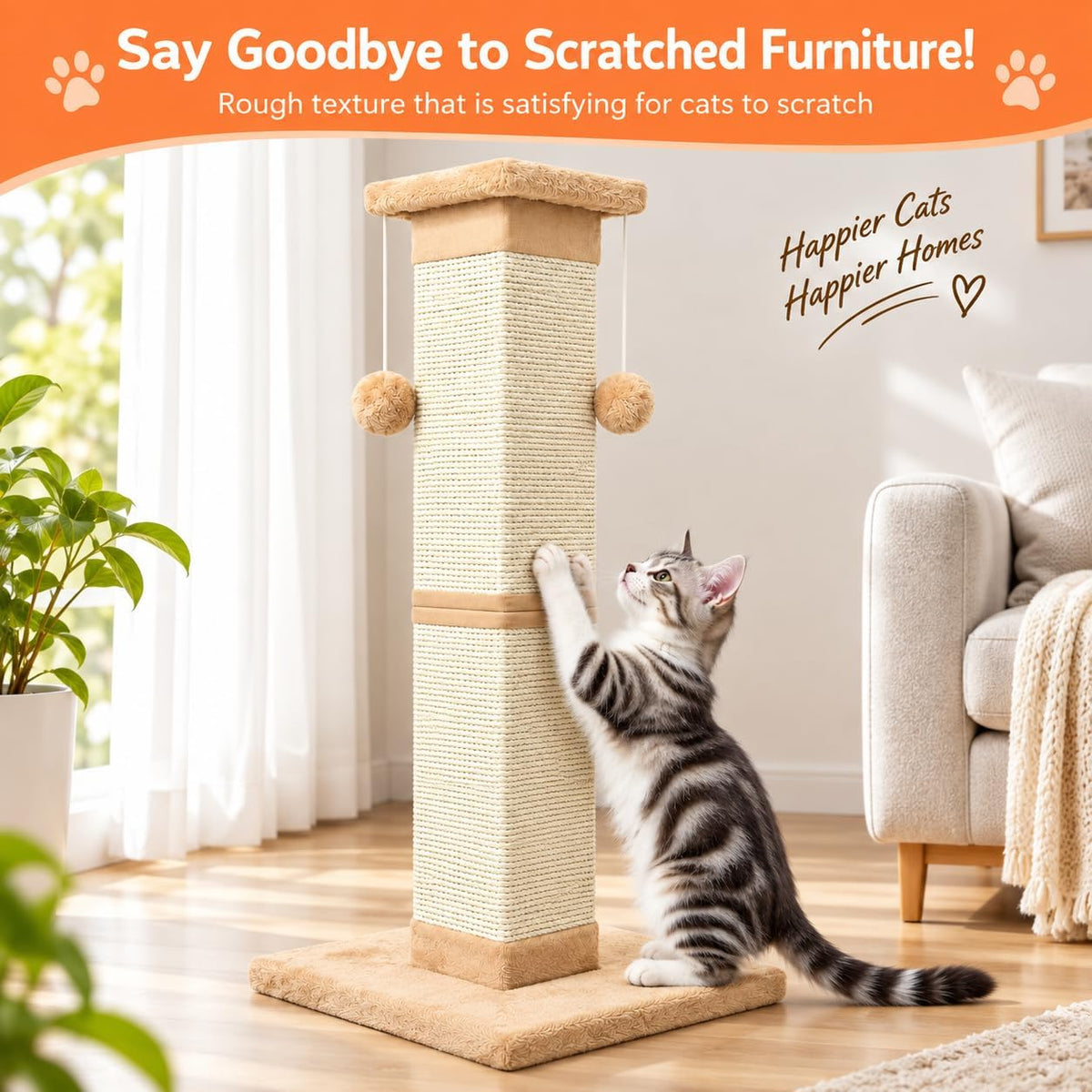SOCATER Cat Scratching Post 33 Inch, Beige – Essentials for Cats - Orange - image 3