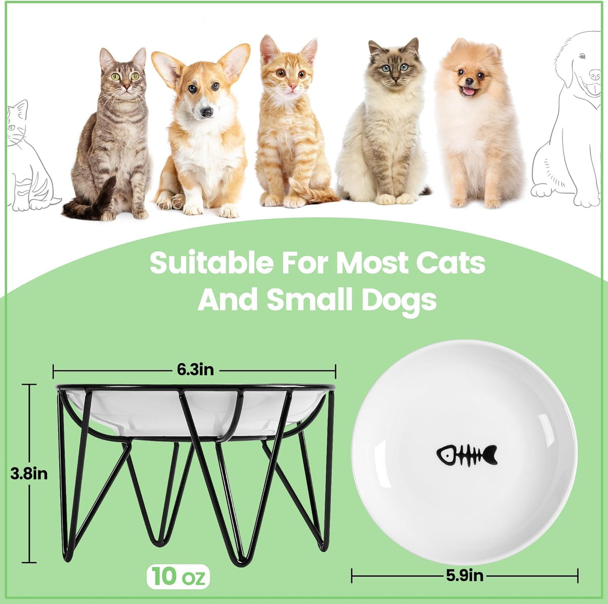 Ceramic Cat Bowls, Raised, Whisker Friendly - raised dish,1 pack / fishbone - image 3