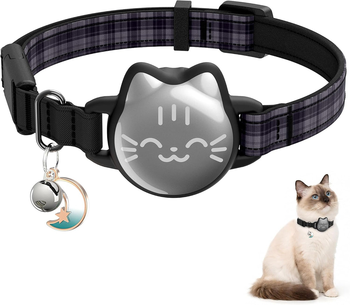 AirTag Cat Collar, Reflective Breakaway Collar - Black Checkered / Small(9-13inch)