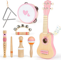 Vanplay Kids Guitar Set, 7-Piece Wooden Musical Instruments for Toddler 2-3 – Fun for Kids & Family - Pink
