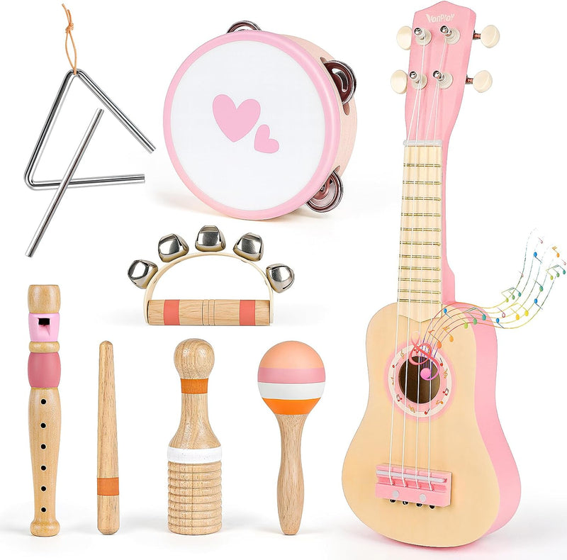 Vanplay Kids Guitar Set, 7-Piece Wooden Musical Instruments for Toddler 2-3 – Fun for Kids & Family - Pink