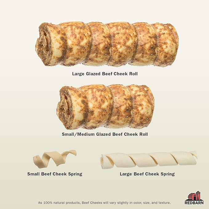 Redbarn Pet Products All-Natural Beef Cheek Rolls for Dogs, Grain-Free Cow Cheeks, Rich in Collagen, Available in Chicken & Carrot Glaze or Uncoated Chicken & Carrot, Small/Medium (Pack of 25)