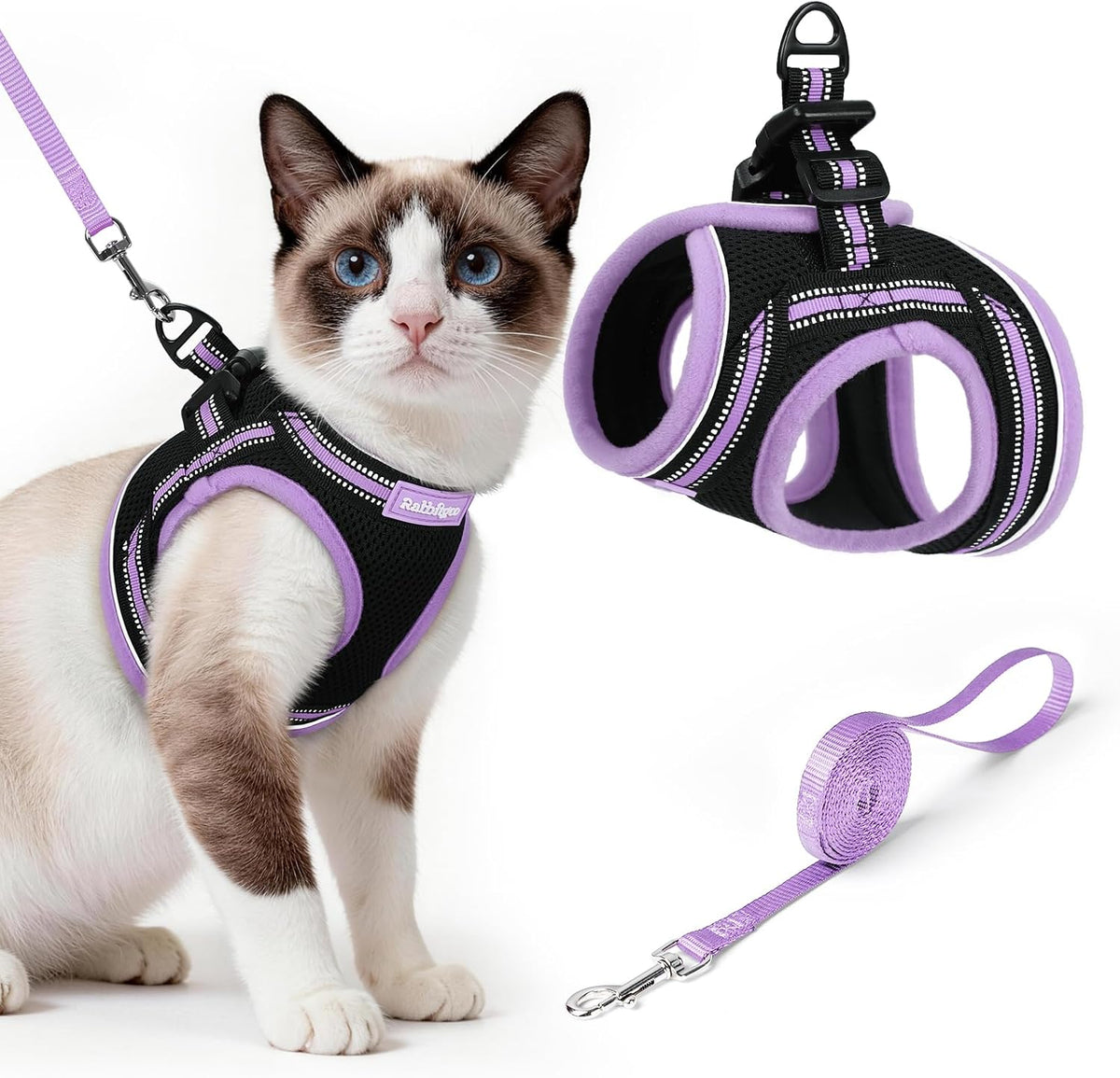 rabbitgoo Cat Harness and Leash Set, Step-in Soft Vest - L / Black-Light Purple