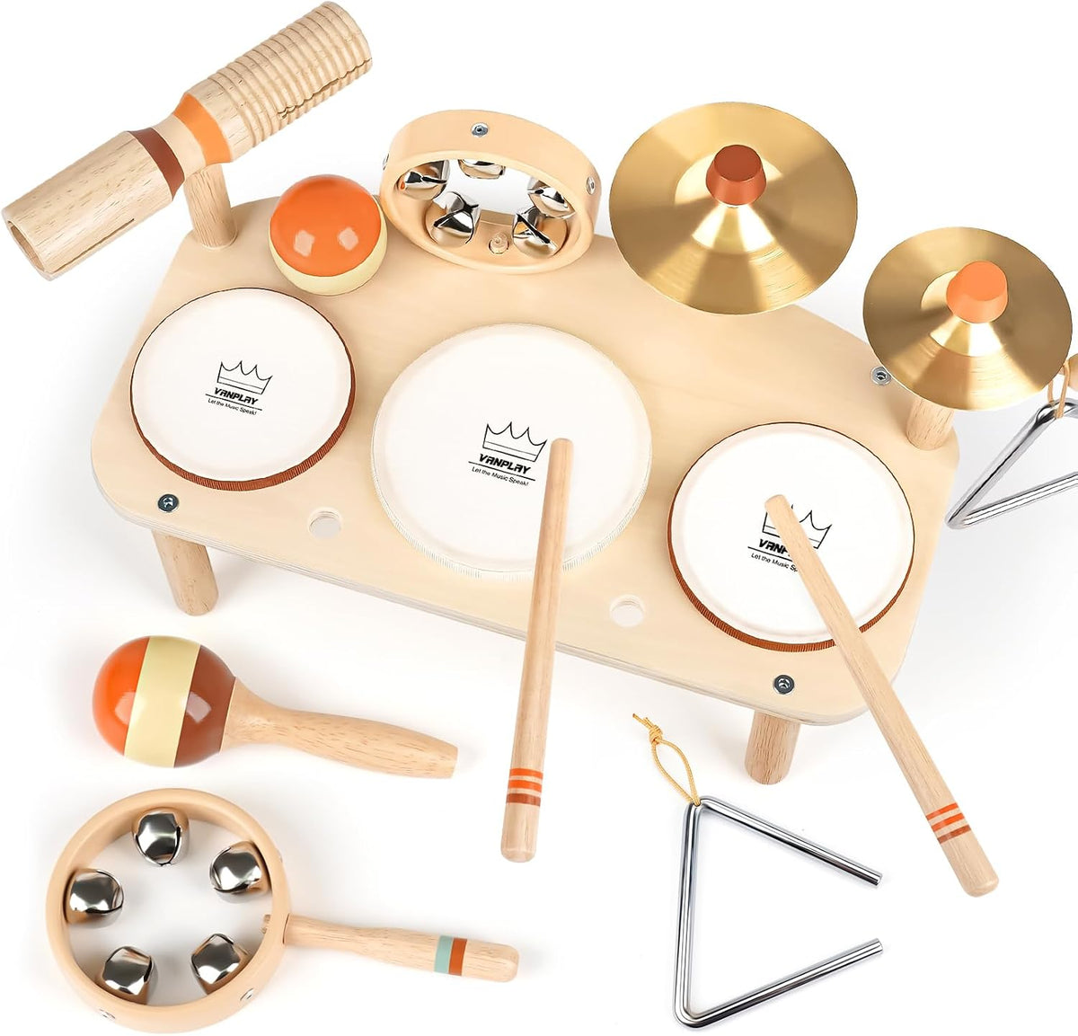 Vanplay Kids Drum Set, Montessori Toys for 2 3 Year Old Boy Girl Gifts – Fun for Kids & Family - Beige, Brown