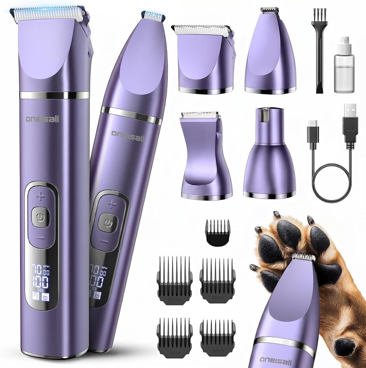 oneisall 4 in 1 Dog Grooming Kit with LCD Display – Essentials for Dogs - Purple