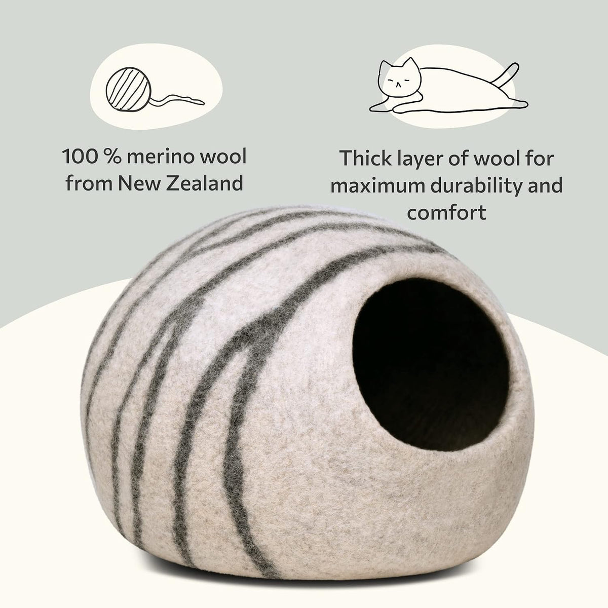 Cat Cave, New Zealand Wool Bed for Indoor Cats - Light Gray / Medium - image 3