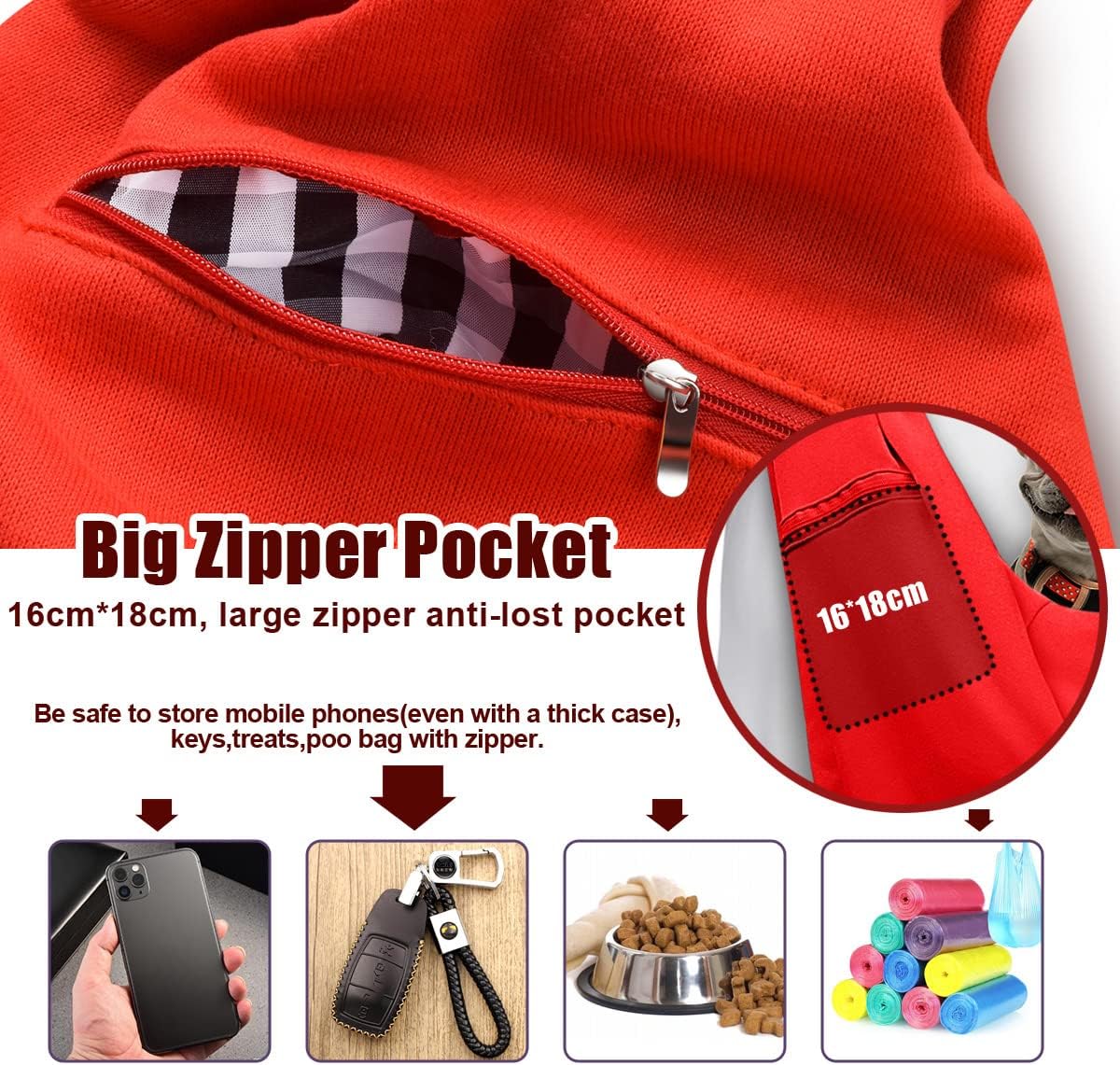 Tomkas Small Dog Sling Carrier, Classic Pocket & Classic Strap - Red / M - Zip pocket & Adjust Strap - image 2