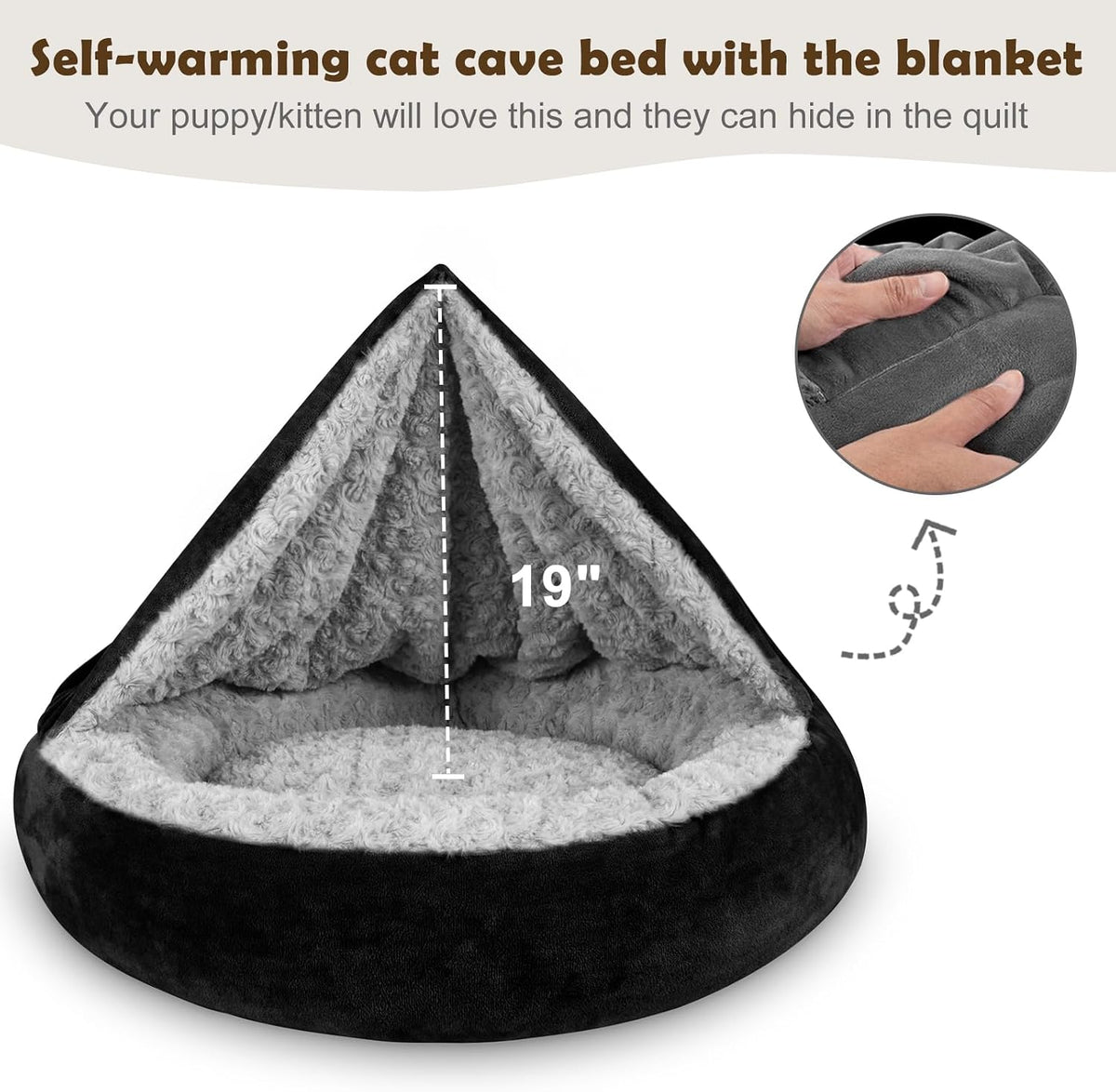 JOEJOY Small Dog Bed Cat Bed with Hooded Blanket - S(23" x 23" x 7") / Black - image 3