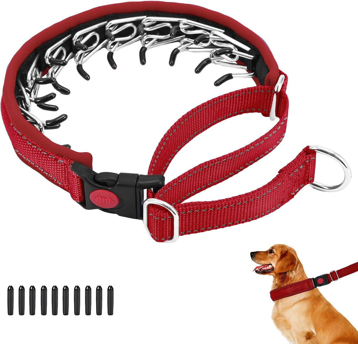Anglevate red martingale no-pull dog collar with stainless steel chain and reflective strips