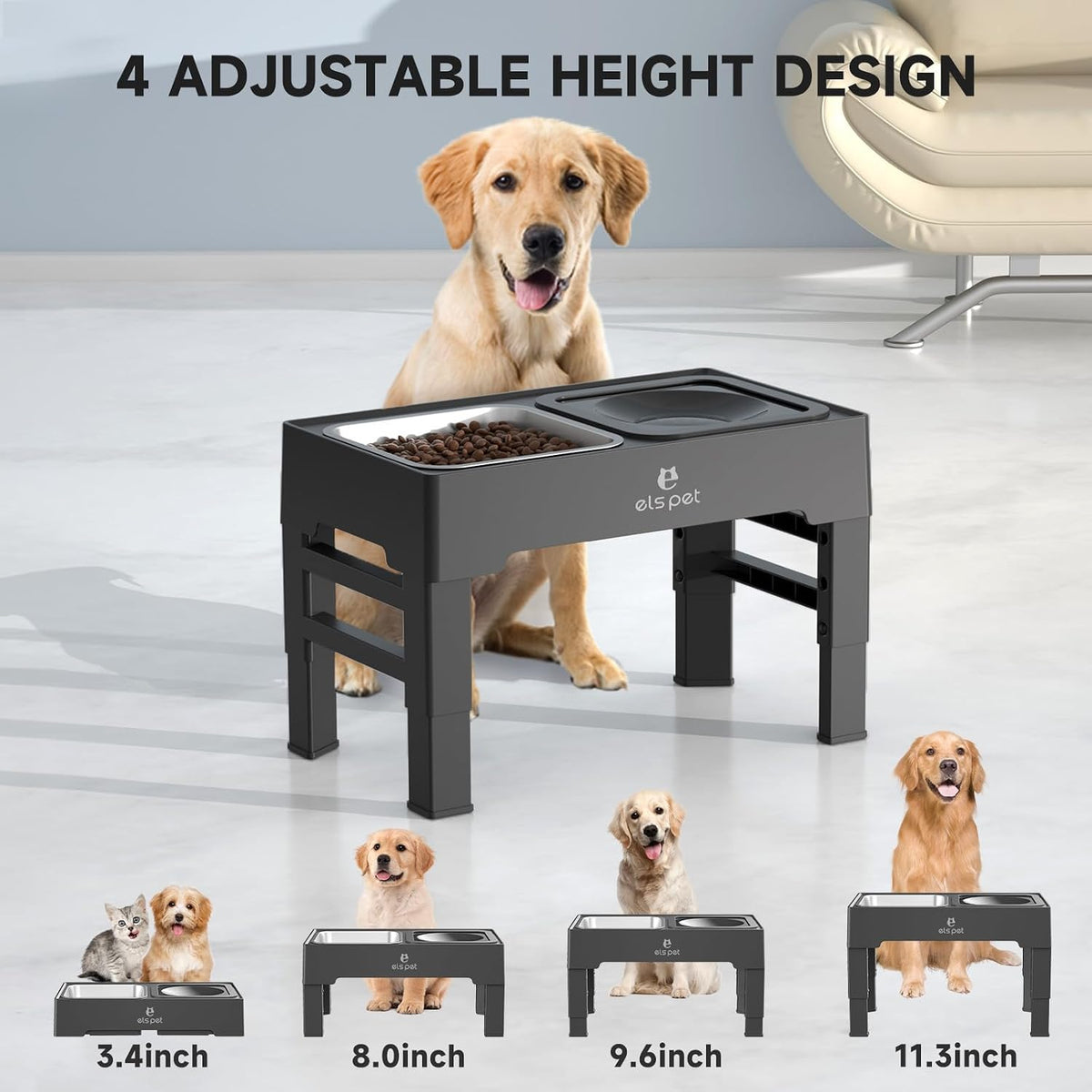ELS PET Adjustable Elevated Dog Bowls - Stainless Steel Feeder Bowl - image 2