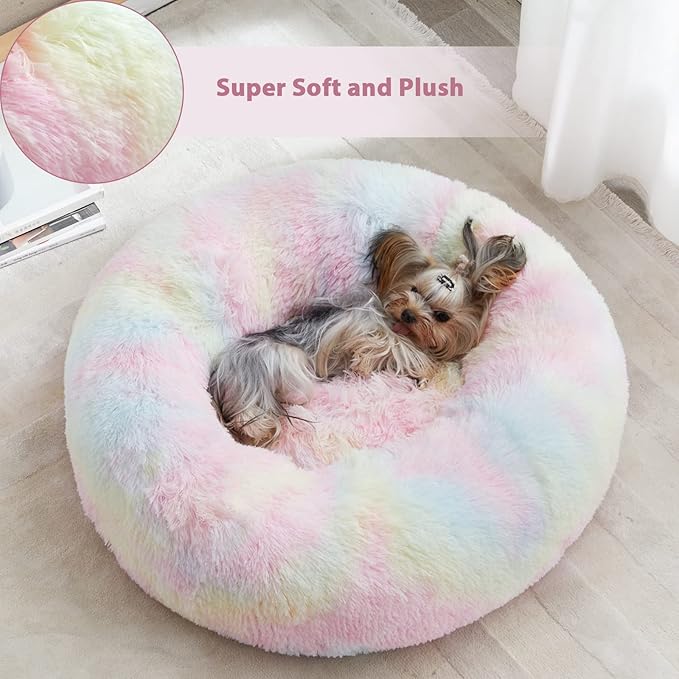 WNPETHOME Calming Dog Bed Cat Bed Donut, Faux Fur Pet Bed Self-Warming Donut Cuddler, Comfortable Round Plush Dog Beds (30 x 30 x 10 Inch, Rainbow)