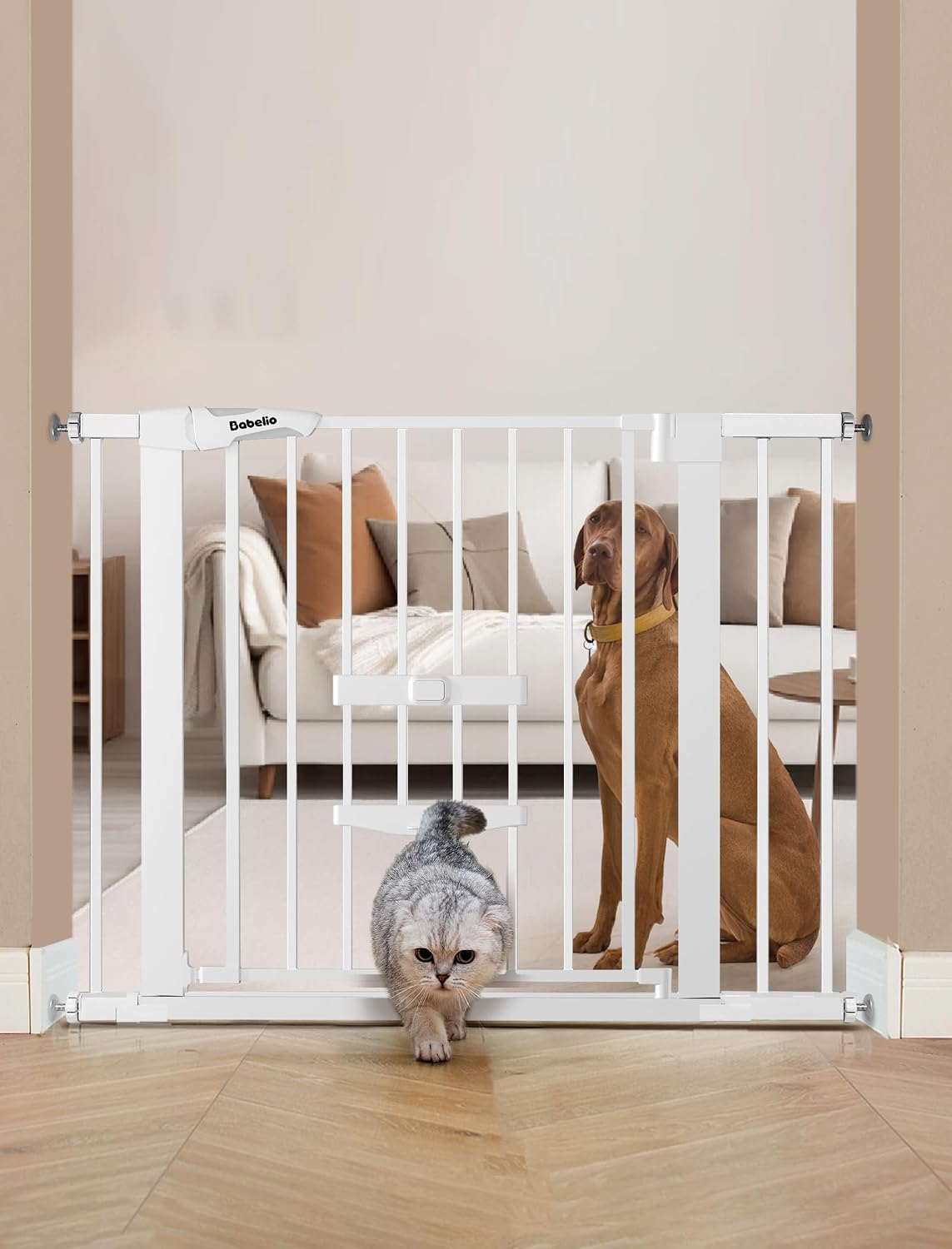 Babelio 36" Tall Pet Gate with Cat Door, CatPrivilege II, 29-40" - White / 29-40" Wide, 30" Tall