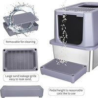 RIZZARI Stainless Steel Cat Litter Box, Odorless Enclosed Litter Box with Top Holes, Large Litter Pan for Small to Large Sized Cats (Cool Gray, 23.8" L*15.9" W*18" H)