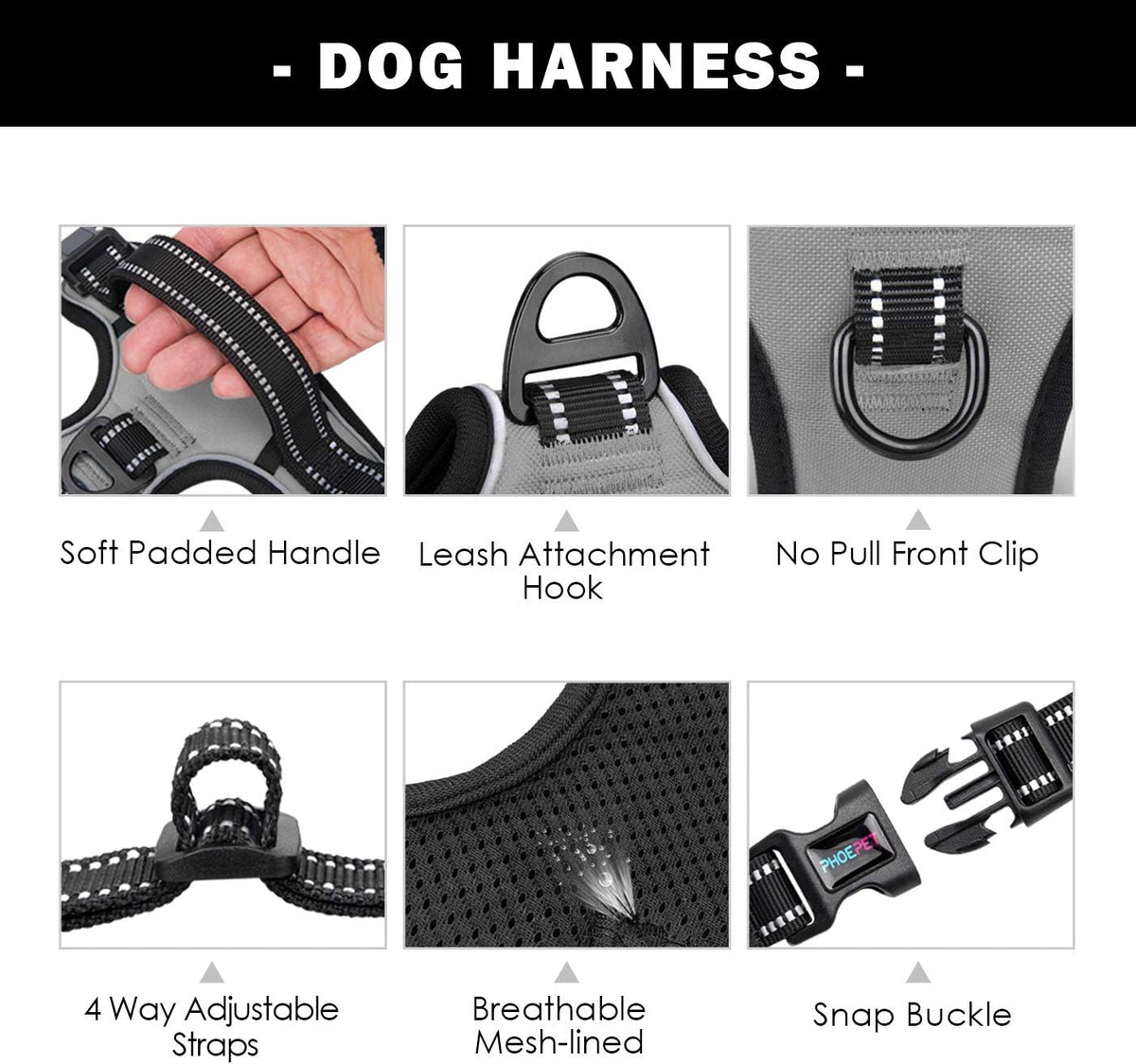 PHOEPET No Pull Dog Harness Medium Reflective Front Clip Vest - Large / Gray - image 4