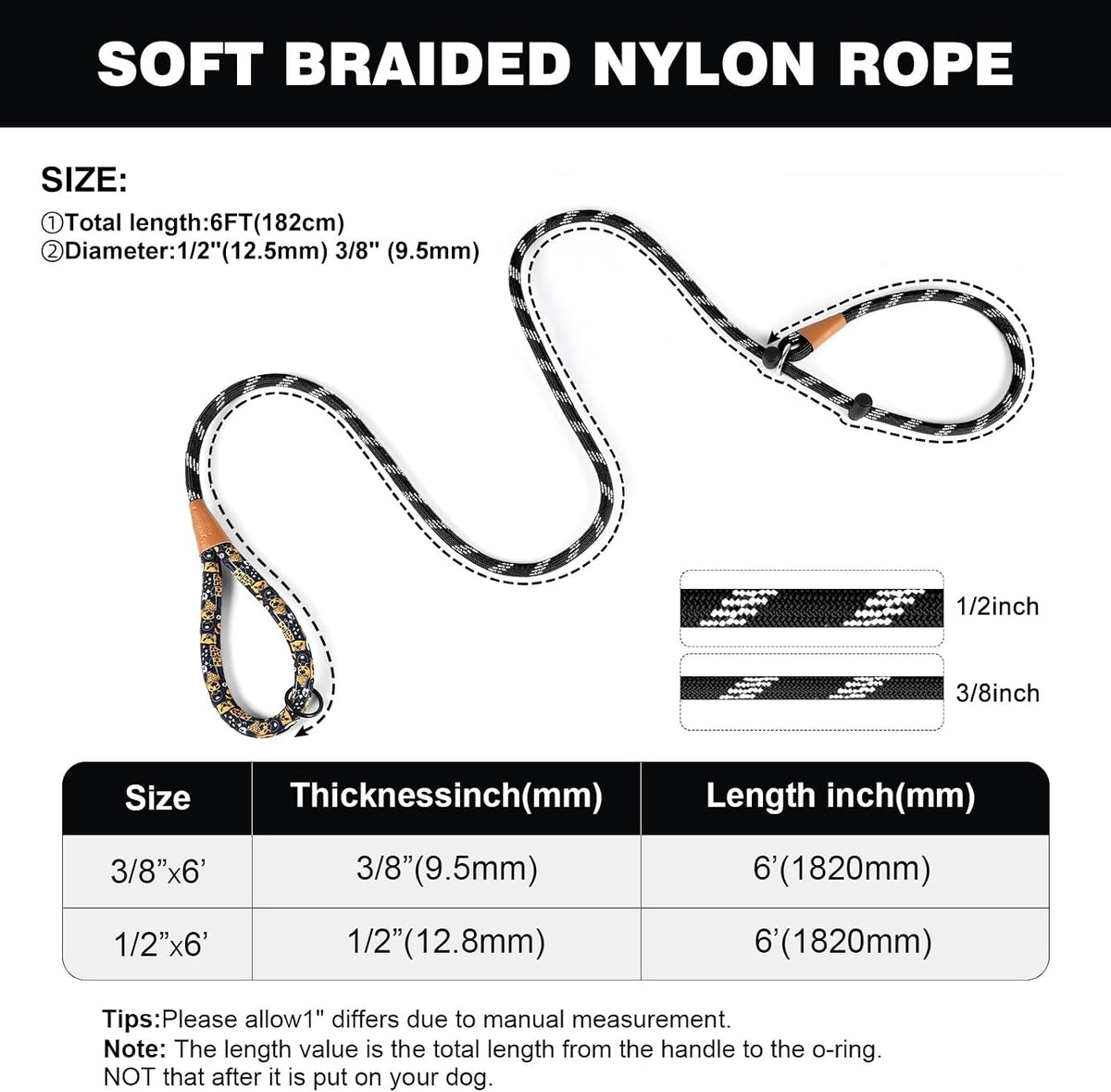 Slip Lead Dog Leash Reflective Training Durable Braided Rope Leashes – Essentials for Dogs - Black / 1PC Large 1/2in x 6ft - image 3