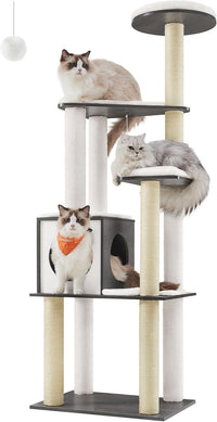 Feandrea Cat Tree, 64.6-Inch Multi-Level Tower with 5 Scratching Posts – Essentials for Cats - Misty Gray