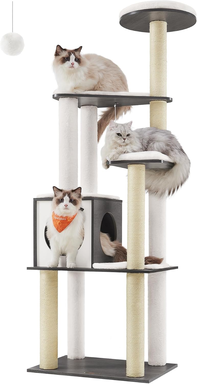 Feandrea Cat Tree, 64.6-Inch Multi-Level Tower with 5 Scratching Posts – Essentials for Cats - Misty Gray