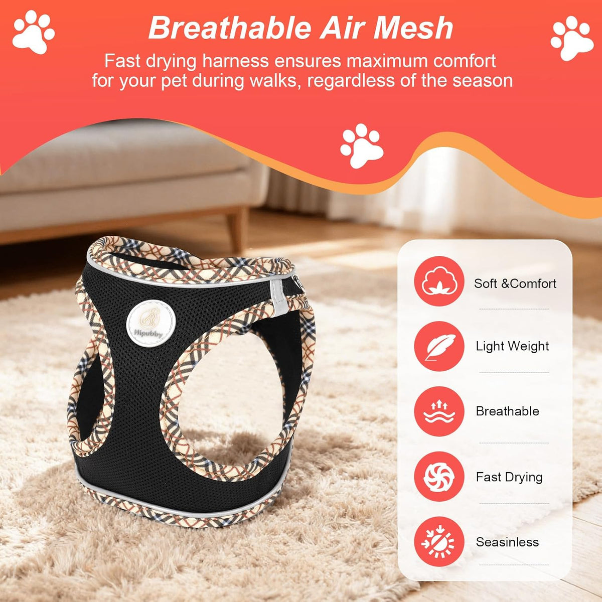 Hipubby Dog Harness Small Sized and Leash Set - Black/Khaki Trim / XXS (Chest: 11"-12.5") - image 3