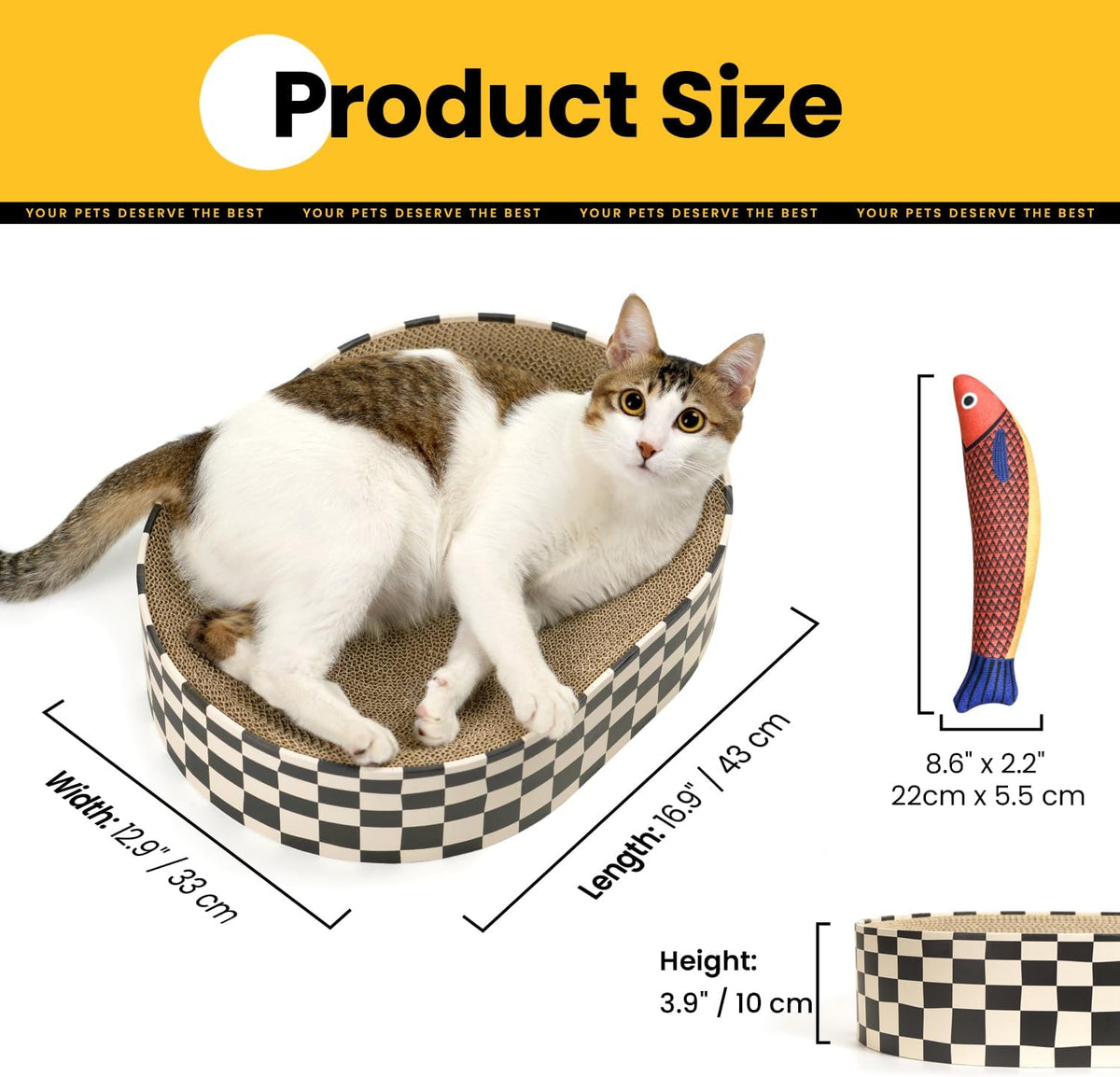 Conlun Oval Cat Scratcher Bed - Checkerboard with Cat Toy Fish / Medium (16.9"L x 12.9"W x 3.5"Th) - image 2