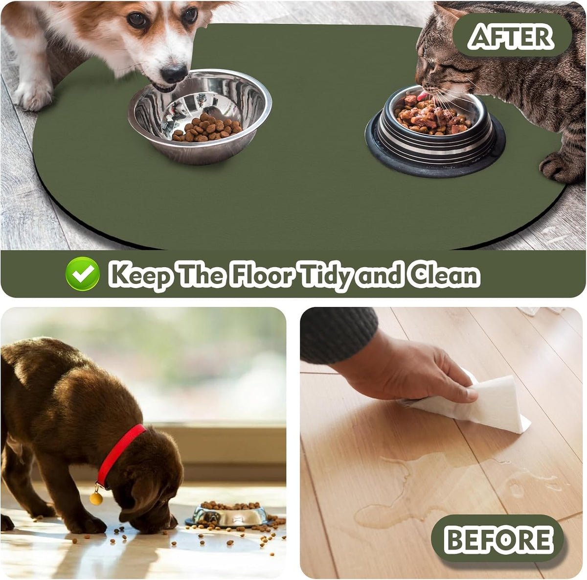 Cat Food Mat Small, 20''x12'' Absorbent Cat Feeding Mat - 24''x16'' / Dark Green - image 2