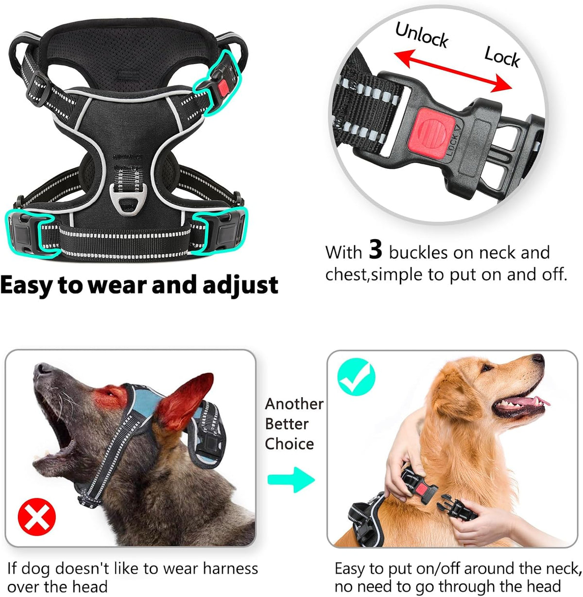 Timos Dog Harness, No Pull Large Sized with 3 Buckles - X-Large / Lock Black - image 2