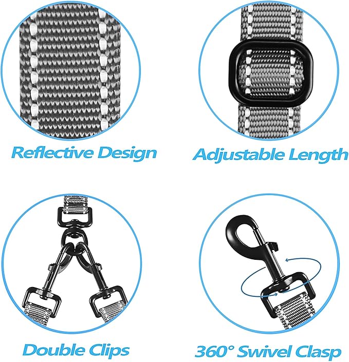 PetBonus Double Dog Leash, No Tangle Dual Leash, Reflective Walking Training Lead, 4 Comfortable Padded Handles for 2 Dogs with Collapsible Bowl and Waste Bags (Grey, Large)