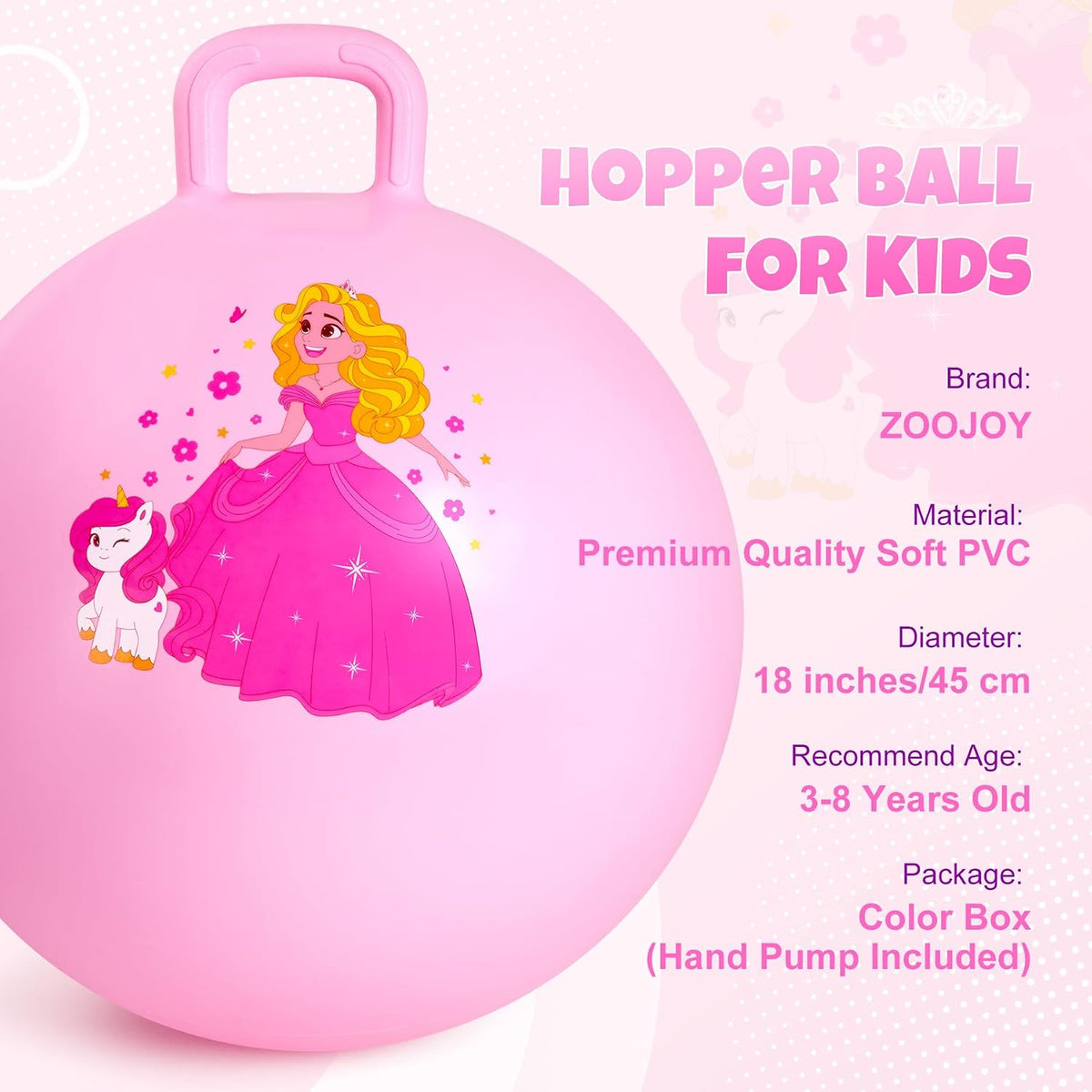ZOOJOY Hopper Ball, Hopping Toys for Kids - Age:3-8(18''/45cm) / Pink Princess - image 2