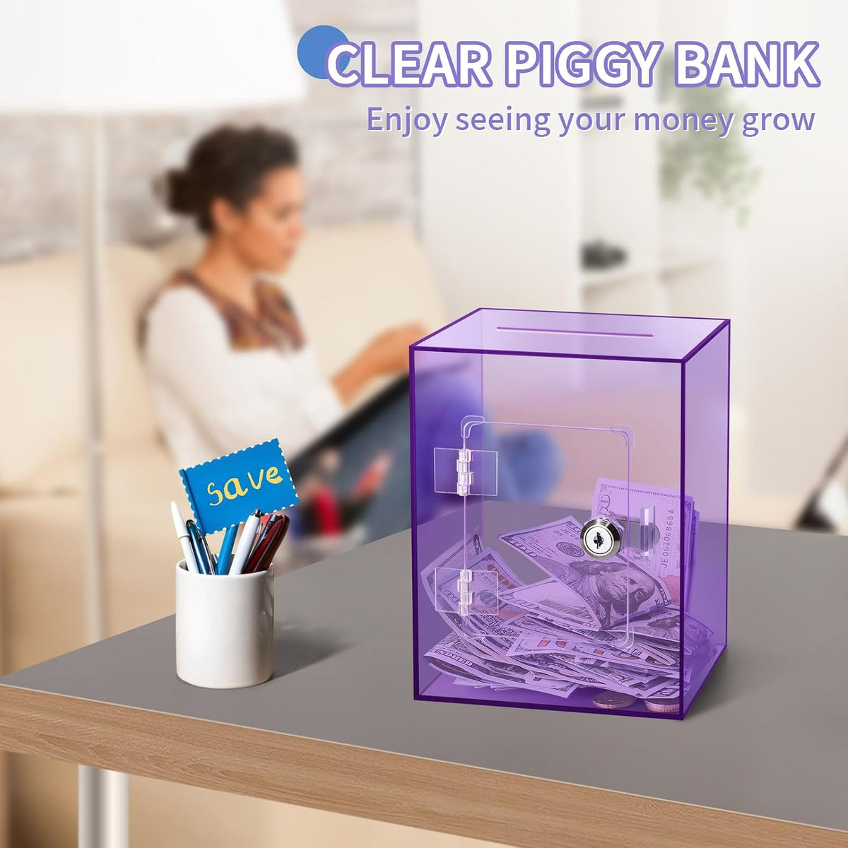 Clear Pink Piggy Bank with Lock & Key for Adults - Purple - image 4