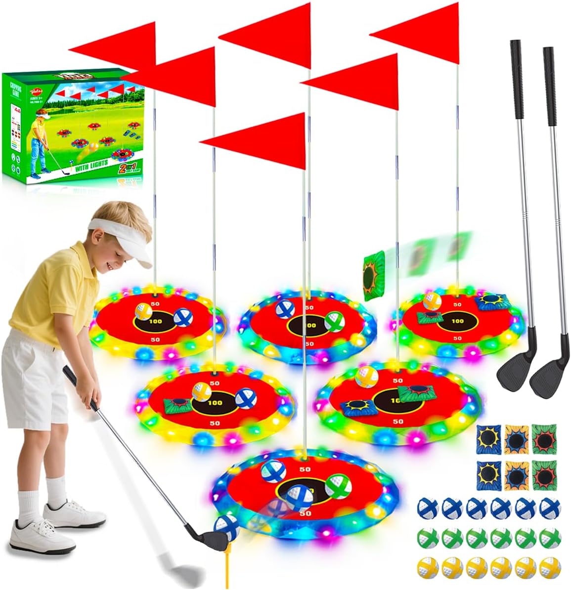 VATOS 2-in-1 light up golf set for kids with glowing targets and clubs