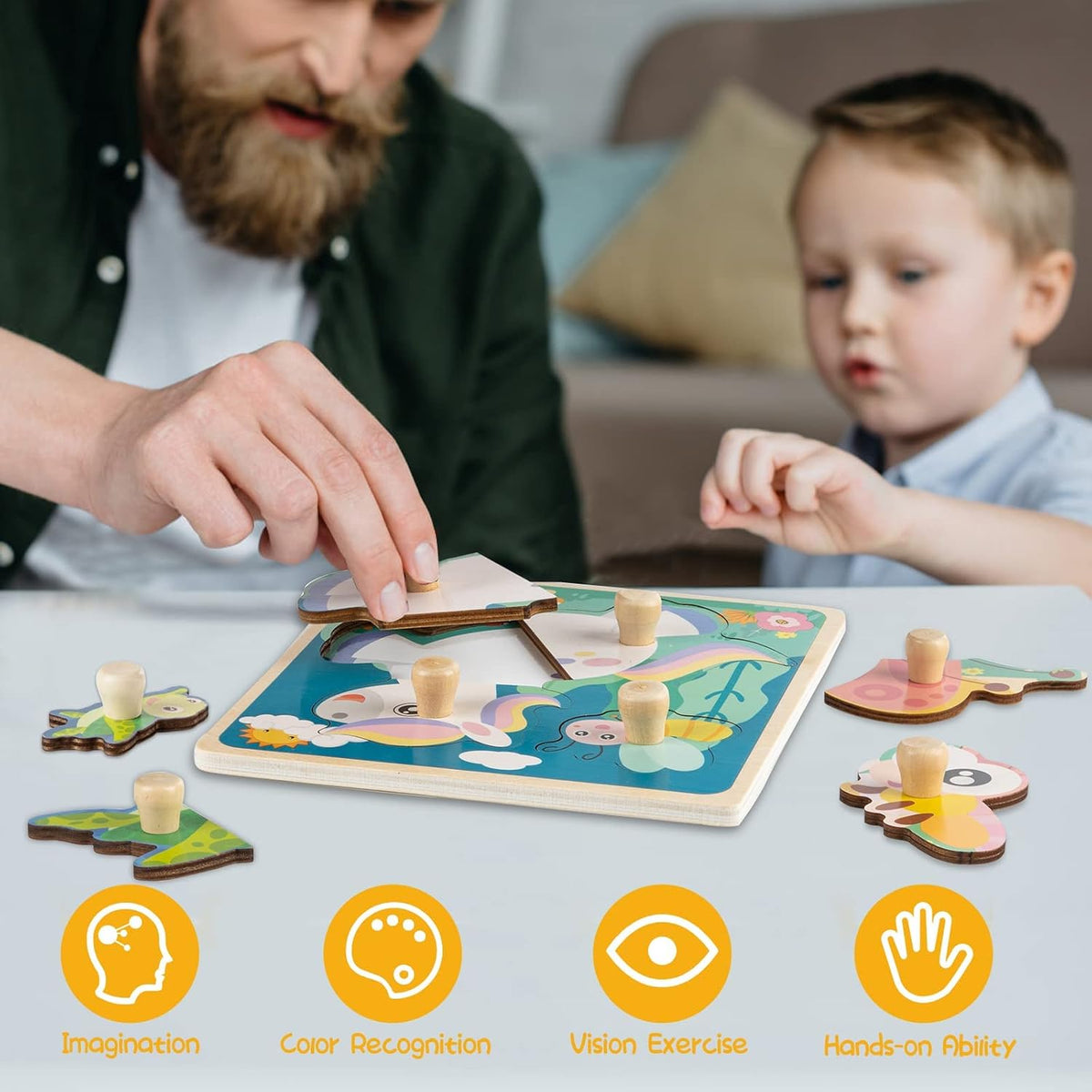Wooden Toddler Puzzles - 4 Pcs Eco-Friendly Animal Patterns Jigsaw With Handles - Infant Kid Fine - Style B - image 3