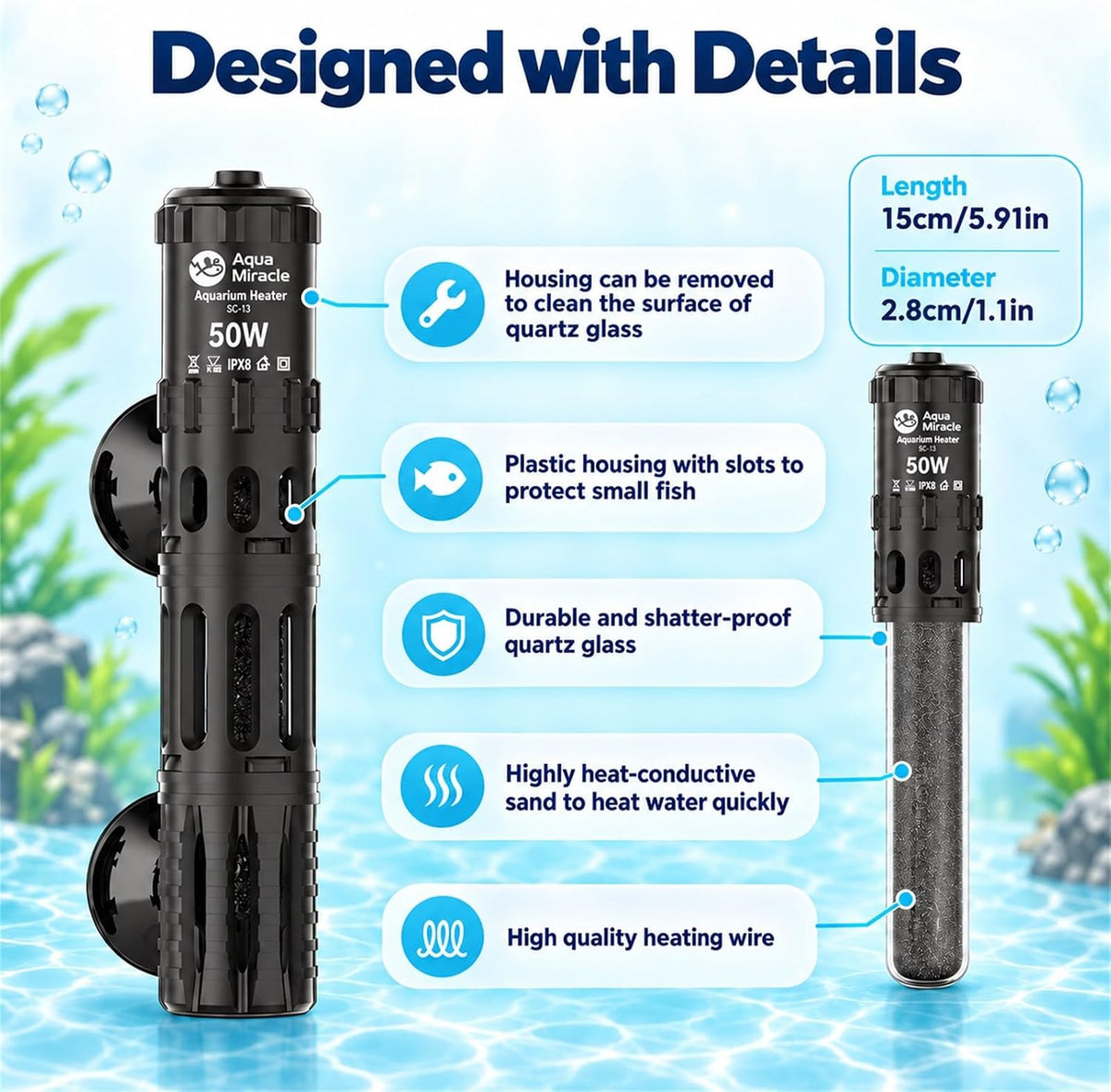 AquaMiracle Aquarium Heater Dry-Run Auto Power-Off & Overheat - For 5-10 Gal Aquariums - image 2