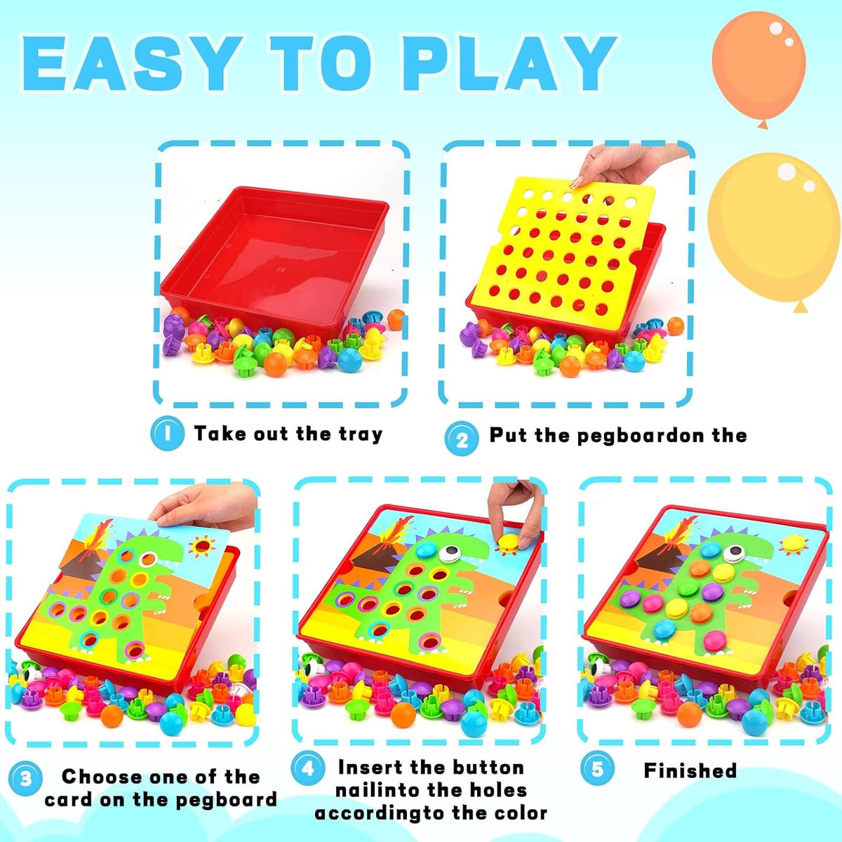 Button Art Toys for Toddlers Ages 3+, Mosaic Peg Board – Fun for Kids & Family - Dinosaurs - image 3