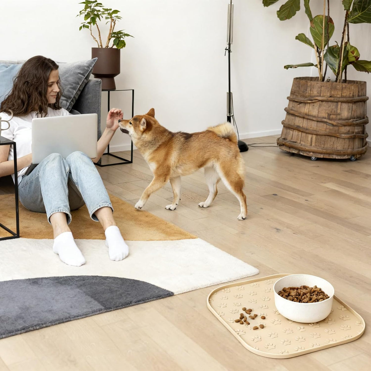 Pet Feeding Mat, Waterproof Anti-Slip Placemats for Dog Cat Bowl Silicone Pet Food Mat, Raised Edge - Beige / 11"L x 11"W - image 2