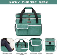 BAGLHER Dog Travel Bag for Supplies - Double-Layer Airline Approved Weekend Pet Travel Organizer Set for Dog and Cat Tote with 2 Pet Food Containers and 2 Collapsible Silicone Bowls Green