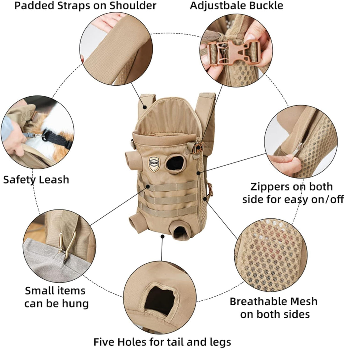 FLAdorepet Tactical Dog Backpack Carrier Front Back Bag for Medium - khaki / 28.0"L x 15.7"W x 5.0"H - image 4