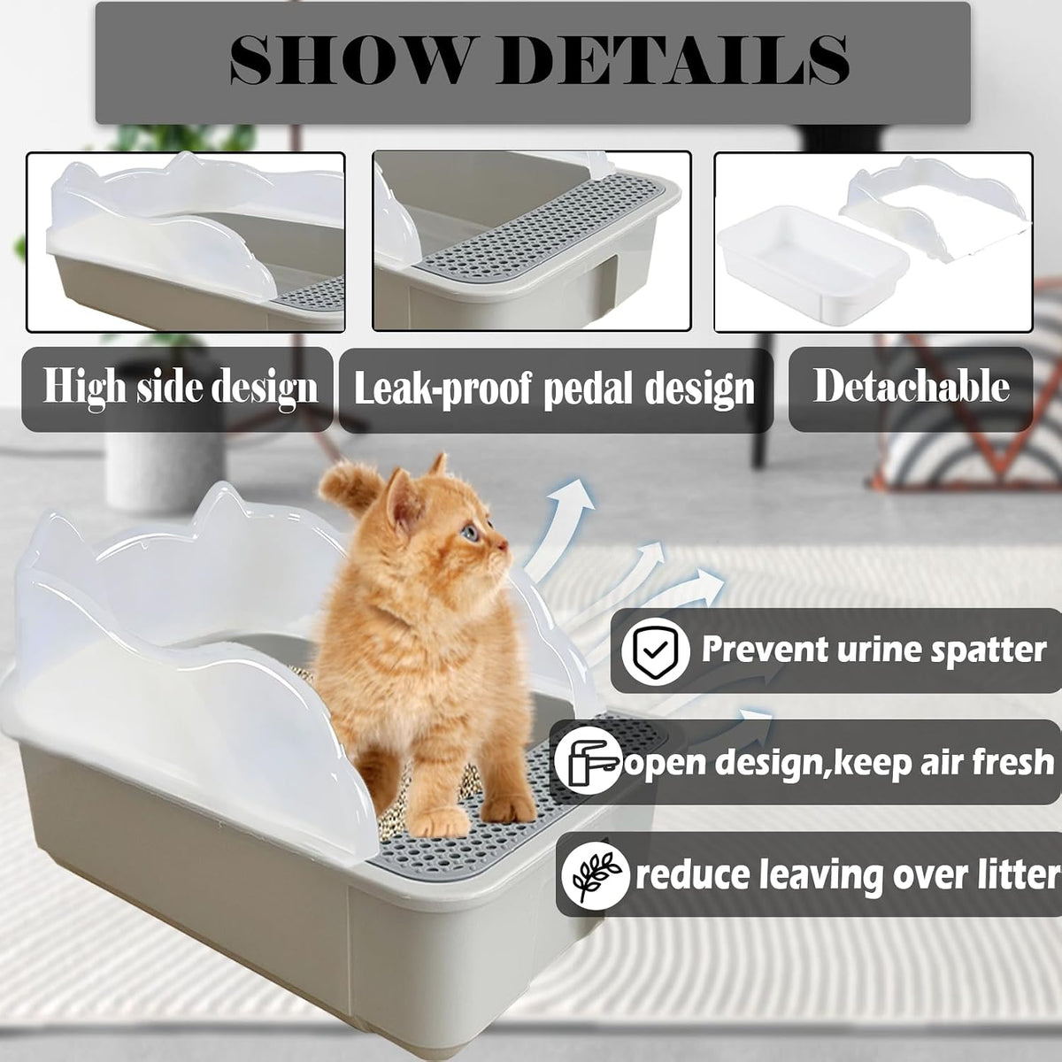 Open Cat Litter Box with High Side - 【Color：Grey】 - image 3