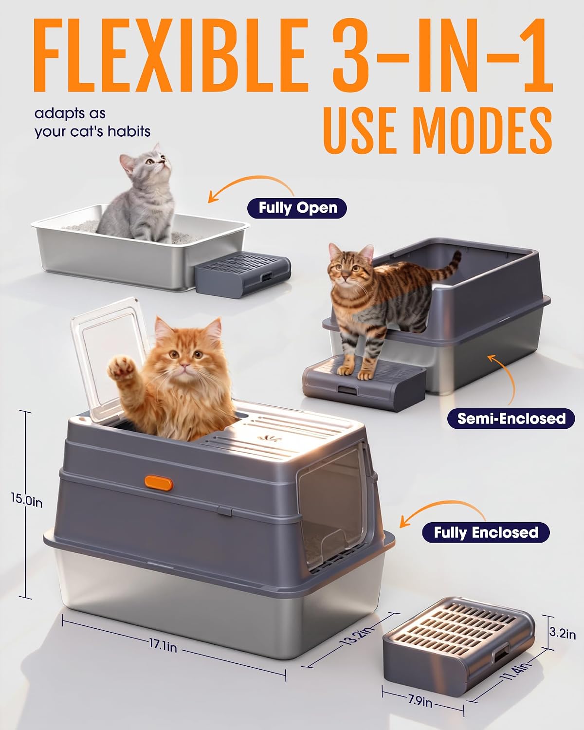 Powools Stainless Steel Enclosed Cat Litter Box - 17.1" x 13.2" x 15" - image 3