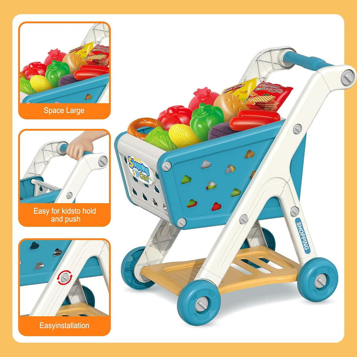 Yalujumb kids shopping cart play set with cash register, scanner and pretend food - view 3