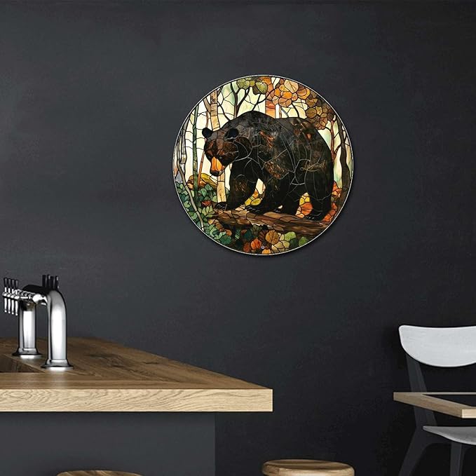 Lygond Metal Sign Tin Sign Circular Stained Glass American Black Bear Gardening Poster for Bar 8×8 Inches