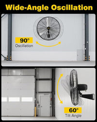 VENTISOL 30 Inch Wall Mount Fan Oscillating, 9500 CFM High Velocity Industrial Fans with 3 Speeds for Garage, Shop, Warehouse, Workshops, Cover Patio, ETL Listed
