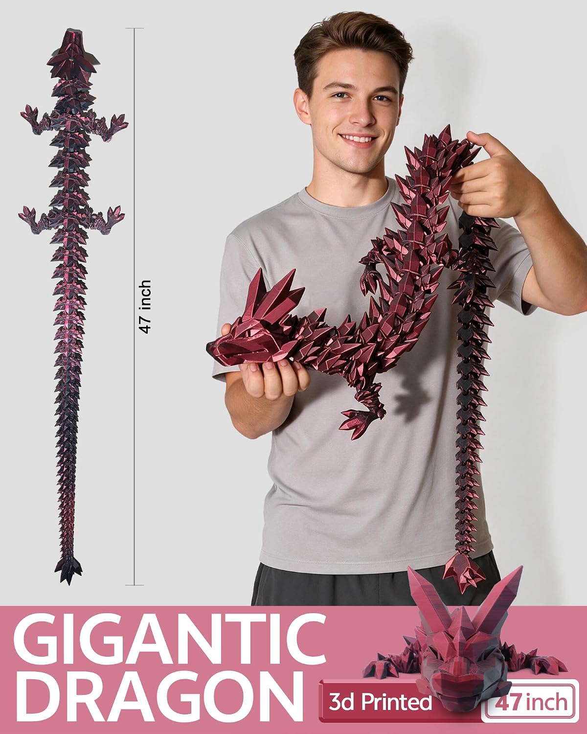 24" Large 3D Printed Dragon - Red Black / 47 inch - image 3