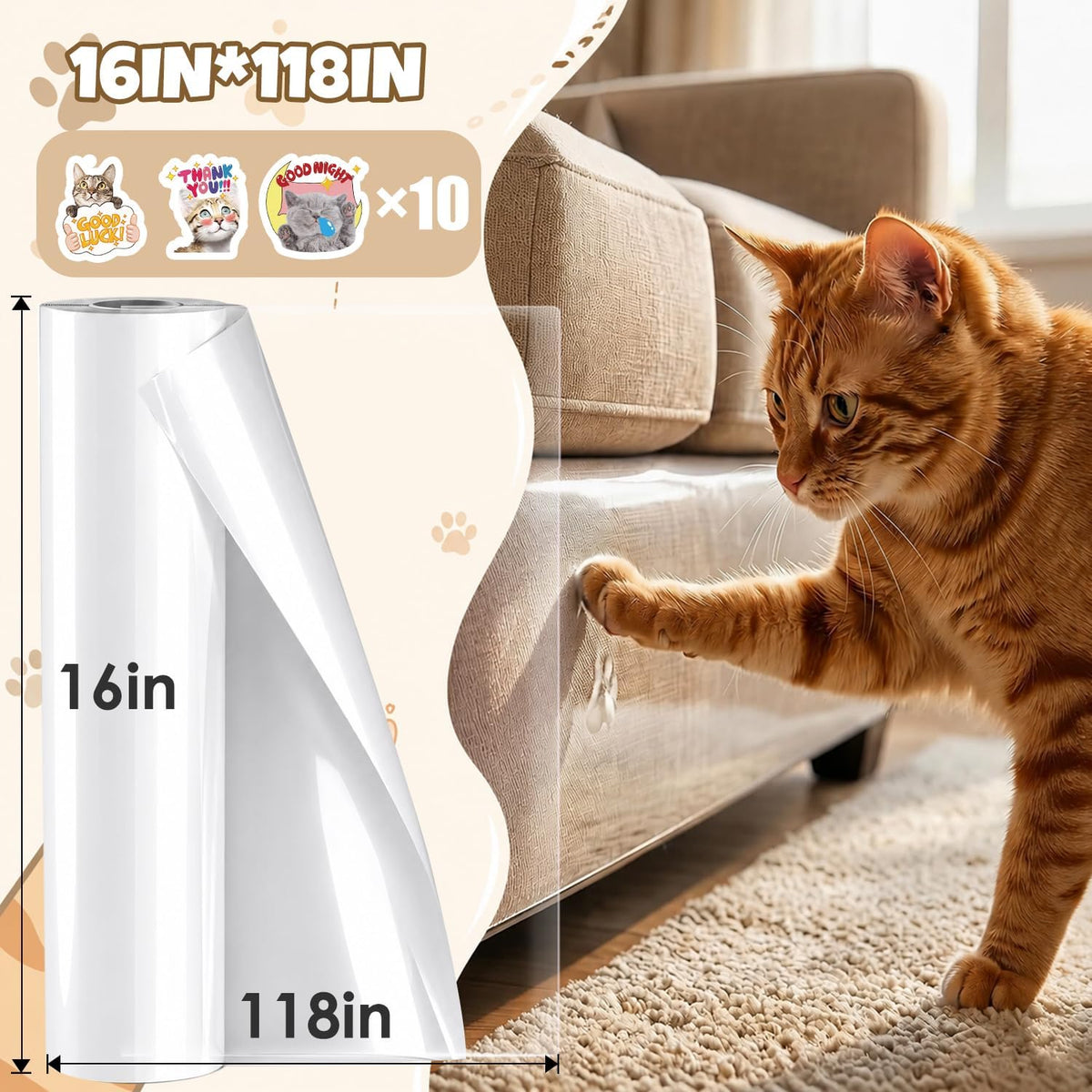 NO PINS Pain Cat Scratch Furniture Protector-12 Pack Thicken - Roll 118" × 16" - image 2