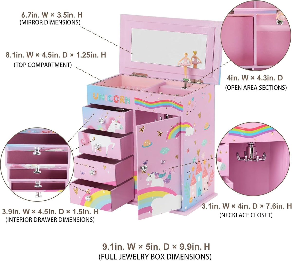 Jewelry Box for Girls 5-Layer with Swing Door Spinning Ballerina - Pink & Blue - image 4