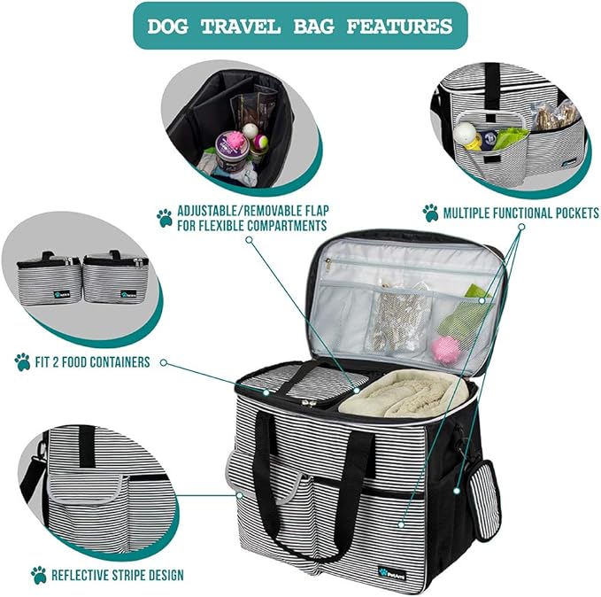 PetAmi Dog Travel Bag - Organizer with Food Container, Bowls & Accessories for Weekend Camping, Cat Diaper Bag (Stripe Black, Large)