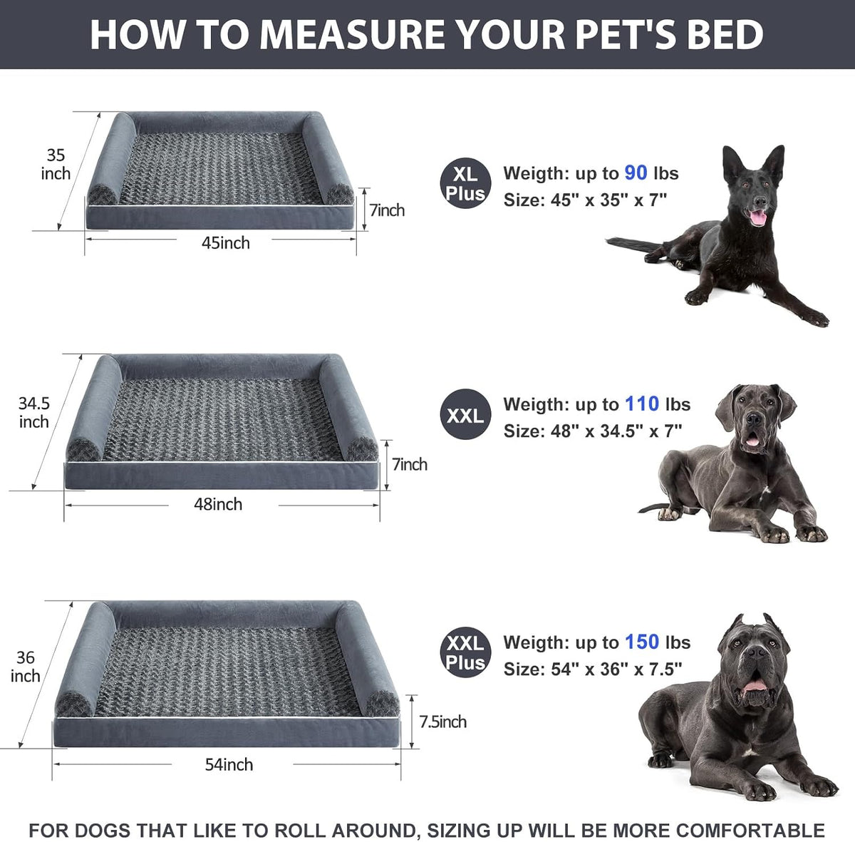 Orthopedic Washable Large Dog Bed for Senior Dog Comfy Sleep – Essentials for Dogs - 48"l x 35"w x 7"th / Dark Grey - image 2