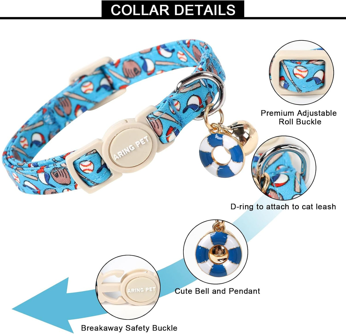 ARING PET 2 Pack Cat Collar-Cute Cotton Cat Collar Breakaway - Dinosaur&Baseball - image 3