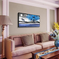 Framed Canvas Wall Art For Living Room Family Wall Decorations For Bedroom Modern Office Wall Decor Paintings Blue Tree Landscape Pictures Artwork Canvas Art Prints Home Decor Black Frame 20" X 40"
