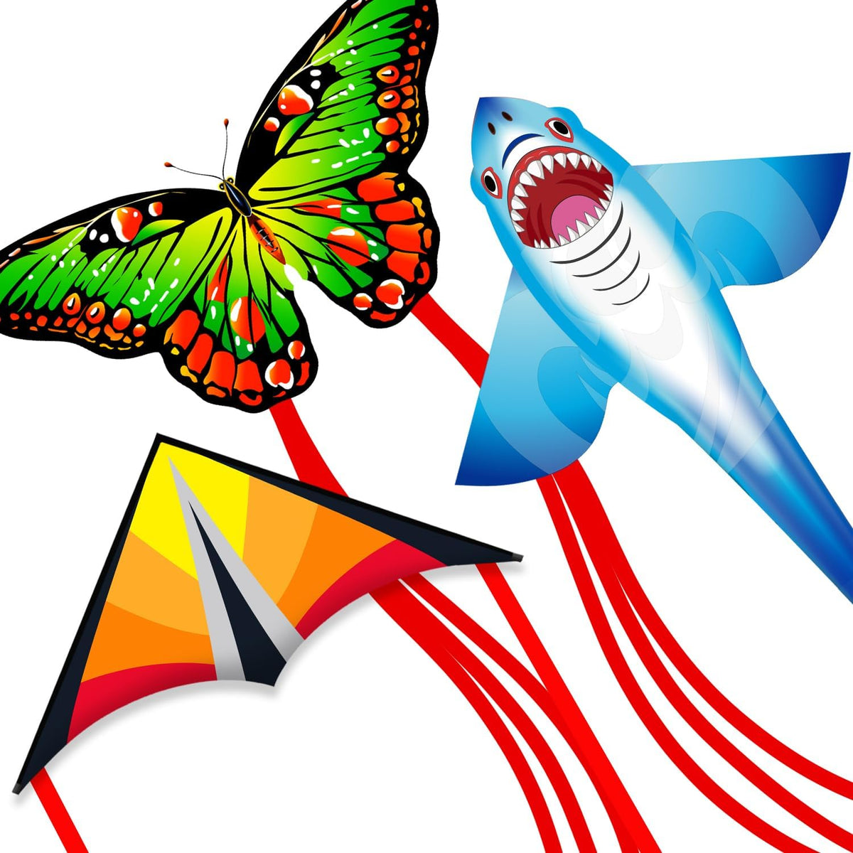 Xida Butterfly Kites for Kids and Adults Easy to Fly - 3 Pack (Delta+ Green Butterfly+Shark)