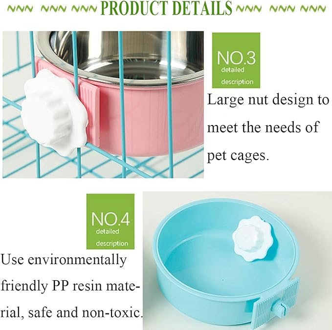 kathson Crate Dog Bowl, Removable Stainless Steel Hanging Pet Cage Bowl Food & Water Feeder Coop Cup for Cat, Puppy, Birds, Rats, Guinea Pigs 6pcs(2×Blue,2×Green,2×Pink)