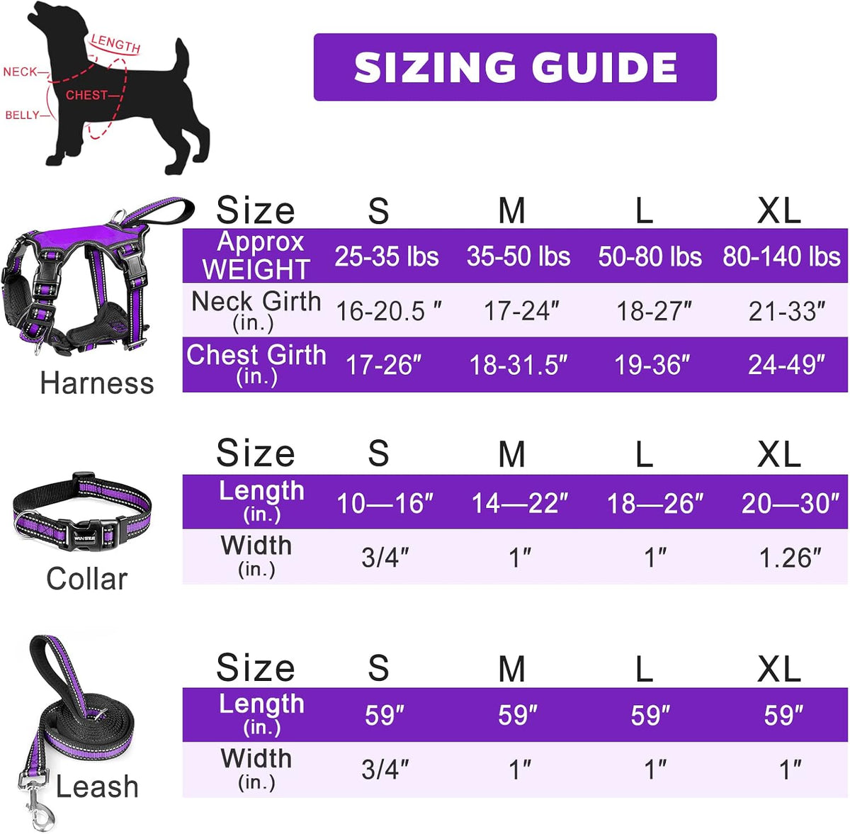 WINSEE Pet Harness Collar and Leash Set - Large / Purple - image 3